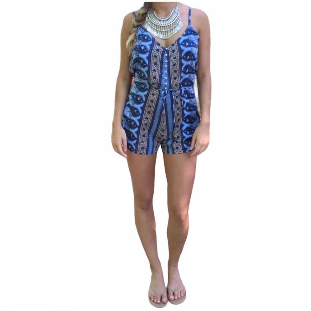 Faithfull The Brand Daybreak Blue Paisley Floral Summer Boho Romper XS